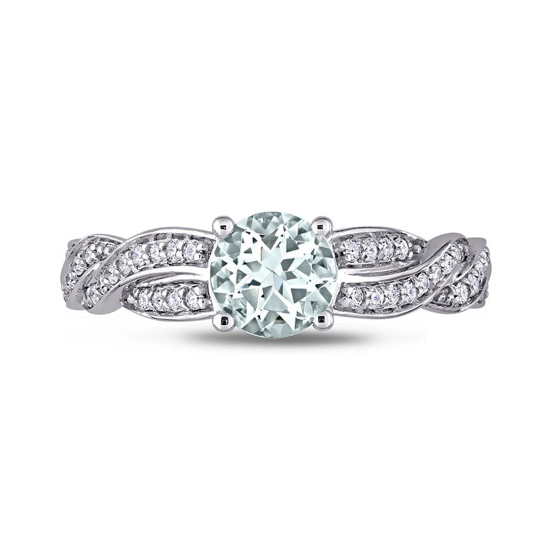 6.0mm Aquamarine and 0.25 CT. T.W. Natural Diamond Twist Shank Ring in Solid 14K White Gold