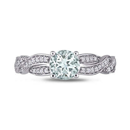 6.0mm Aquamarine and 0.25 CT. T.W. Natural Diamond Twist Shank Ring in Solid 14K White Gold