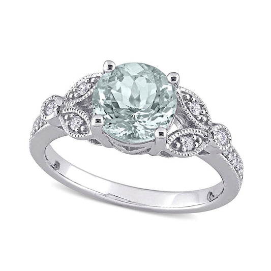 8.0mm Aquamarine and 0.13 CT. T.W. Natural Diamond Leaf-Sides Antique Vintage-Style Ring in Solid 14K White Gold