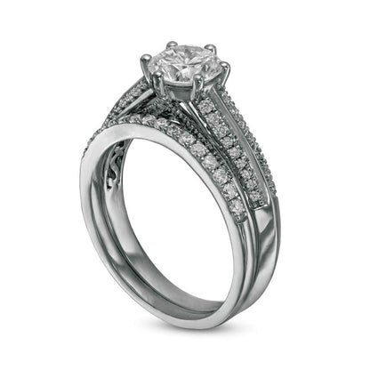 1.5 CT. T.W. Natural Diamond Edge Double Row Bridal Engagement Ring Set in Solid 10K White Gold