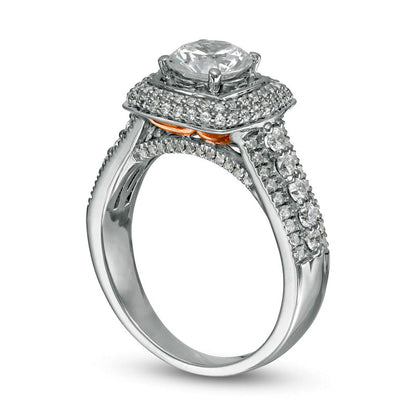 1.88 CT. T.W. Natural Diamond Double Cushion Frame Engagement Ring in Solid 10K Two-Tone Gold