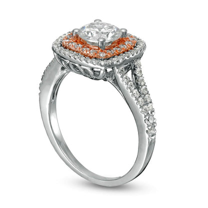 1.5 CT. T.W. Natural Diamond Double Cushion Frame Split Shank Engagement Ring in Solid 10K Two-Tone Gold