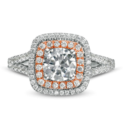 1.5 CT. T.W. Natural Diamond Double Cushion Frame Split Shank Engagement Ring in Solid 10K Two-Tone Gold