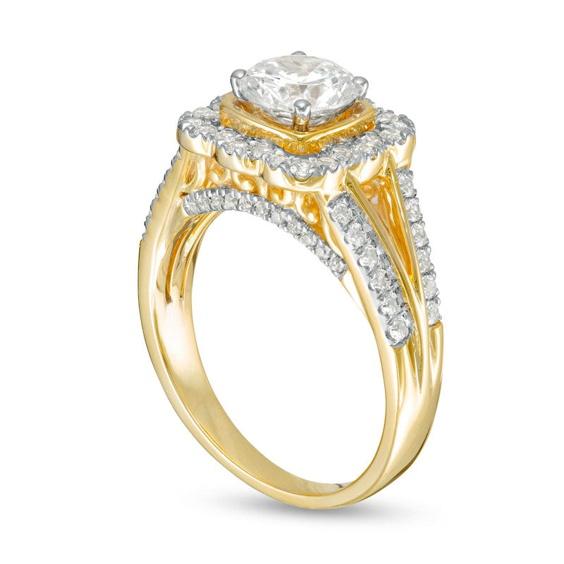 1.5 CT. T.W. Natural Diamond Cushion Frame Split Shank Antique Vintage-Style Engagement Ring in Solid 10K Yellow Gold
