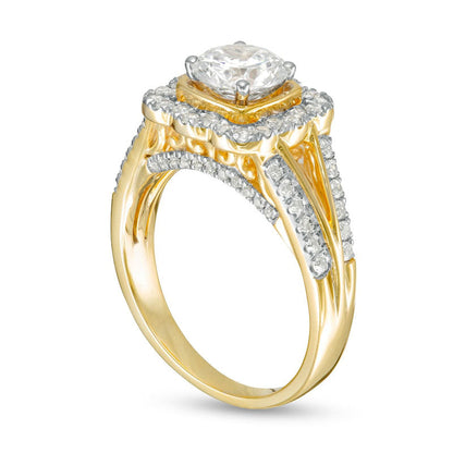 1.5 CT. T.W. Natural Diamond Cushion Frame Split Shank Antique Vintage-Style Engagement Ring in Solid 10K Yellow Gold
