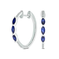Marquise Lab-Created Blue Sapphire and 0.07 CT. T.W. Diamond Three Stone Huggie Hoop Earrings in Sterling Silver