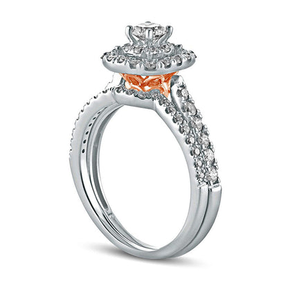 1.0 CT. T.W. Natural Diamond Cushion Frame Split Shank Bridal Engagement Ring Set in Solid 10K Two-Tone Gold