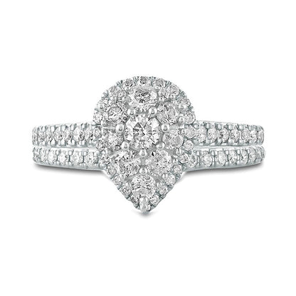 1.0 CT. T.W. Composite Pear Natural Diamond Frame Bridal Engagement Ring Set in Solid 10K White Gold