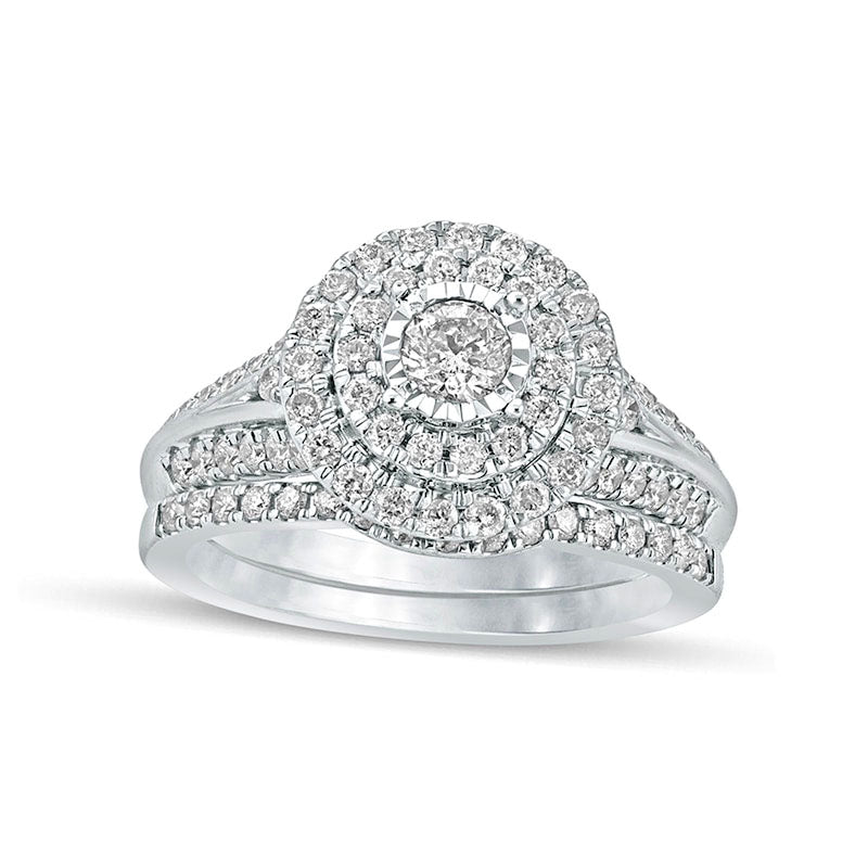 1.0 CT. T.W. Natural Diamond Double Frame Bridal Engagement Ring Set in Solid 10K White Gold