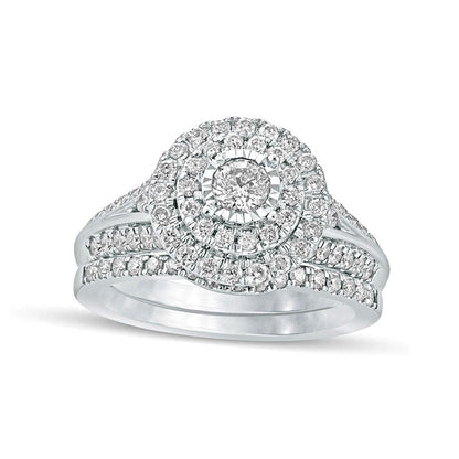 1.0 CT. T.W. Natural Diamond Double Frame Bridal Engagement Ring Set in Solid 10K White Gold