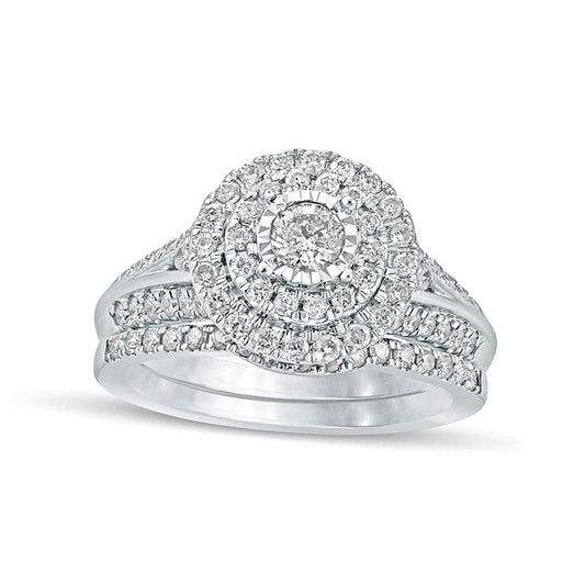 1.0 CT. T.W. Natural Diamond Double Frame Bridal Engagement Ring Set in Solid 10K White Gold