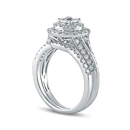 1.0 CT. T.W. Natural Diamond Double Frame Bridal Engagement Ring Set in Solid 10K White Gold