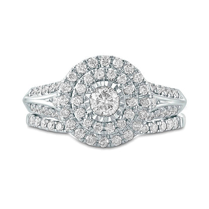 1.0 CT. T.W. Natural Diamond Double Frame Bridal Engagement Ring Set in Solid 10K White Gold