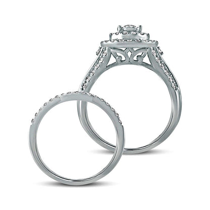 1.0 CT. T.W. Natural Diamond Double Frame Bridal Engagement Ring Set in Solid 10K White Gold