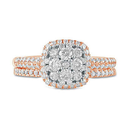 1.0 CT. T.W. Composite Natural Diamond Cushion Frame Bridal Engagement Ring Set in Solid 10K Rose Gold