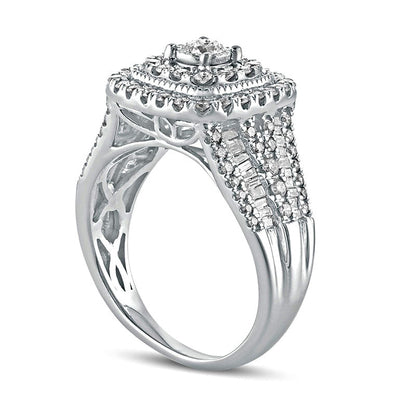 1.0 CT. T.W. Natural Diamond Cushion Frame Antique Vintage-Style Engagement Ring in Solid 10K White Gold