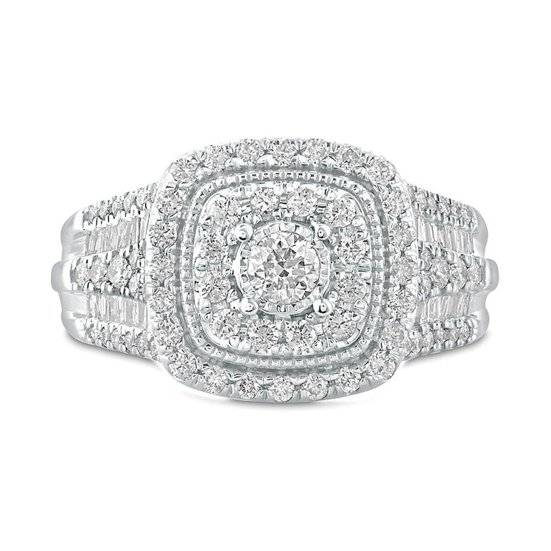 1.0 CT. T.W. Natural Diamond Cushion Frame Antique Vintage-Style Engagement Ring in Solid 10K White Gold