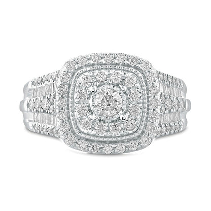 1.0 CT. T.W. Natural Diamond Cushion Frame Antique Vintage-Style Engagement Ring in Solid 10K White Gold