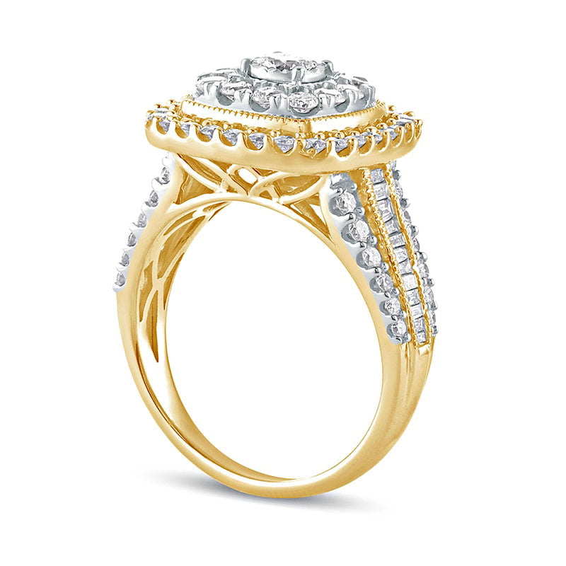 1.5 CT. T.W. Natural Diamond Double Cushion Frame Antique Vintage-Style Engagement Ring in Solid 10K Yellow Gold