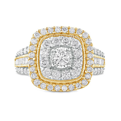 1.5 CT. T.W. Natural Diamond Double Cushion Frame Antique Vintage-Style Engagement Ring in Solid 10K Yellow Gold