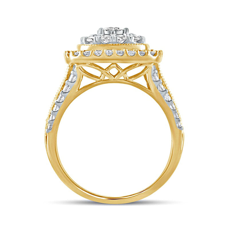 1.5 CT. T.W. Natural Diamond Double Cushion Frame Antique Vintage-Style Engagement Ring in Solid 10K Yellow Gold