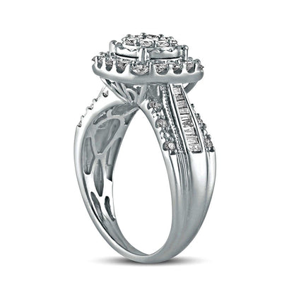 1.0 CT. T.W. Composite Natural Diamond Cushion Frame Antique Vintage-Style Engagement Ring in Solid 10K White Gold