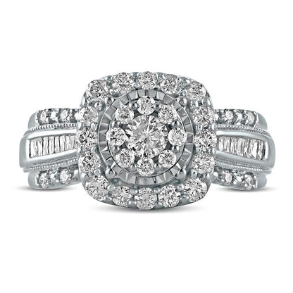 1.0 CT. T.W. Composite Natural Diamond Cushion Frame Antique Vintage-Style Engagement Ring in Solid 10K White Gold