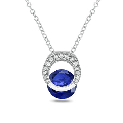 Lab-Created Blue Sapphire and 0.1 CT. T.W. Diamond Milgrain Open Circle Clip-Style Pendant in Sterling Silver