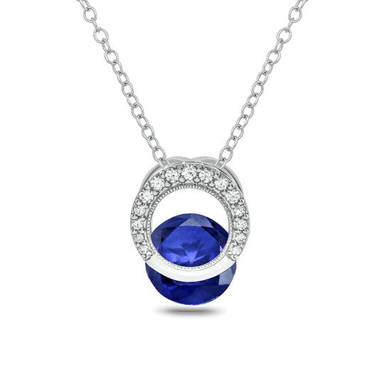 Lab-Created Blue Sapphire and 0.1 CT. T.W. Diamond Milgrain Open Circle Clip-Style Pendant in Sterling Silver