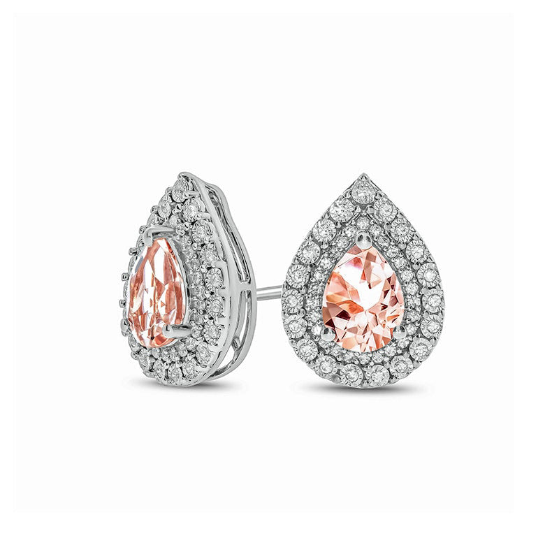 Pear-Shaped Morganite and 0.25 CT. T.W. Diamond Double Frame Stud Earrings in 10K White Gold