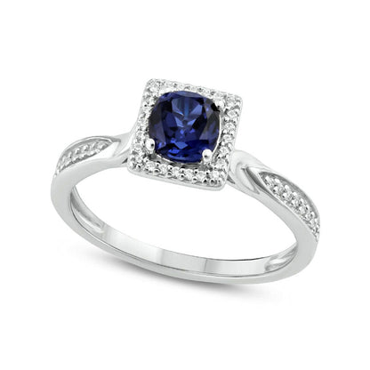 5.0mm Cushion-Cut Blue Lab-Created Sapphire and 0.13 CT. T.W. Diamond Frame Engagement Ring in Sterling Silver