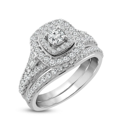 1.0 CT. T.W. Natural Diamond Double Cushion Frame Bridal Engagement Ring Set in Solid 10K White Gold