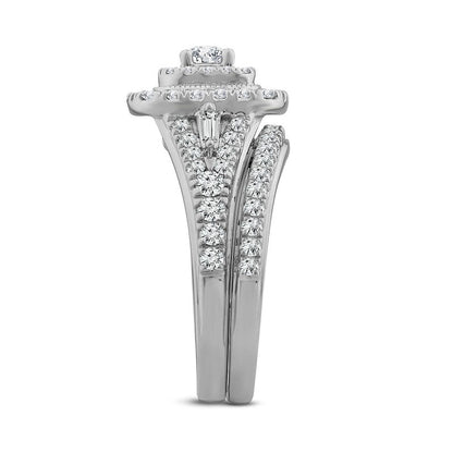 1.0 CT. T.W. Natural Diamond Double Cushion Frame Bridal Engagement Ring Set in Solid 10K White Gold