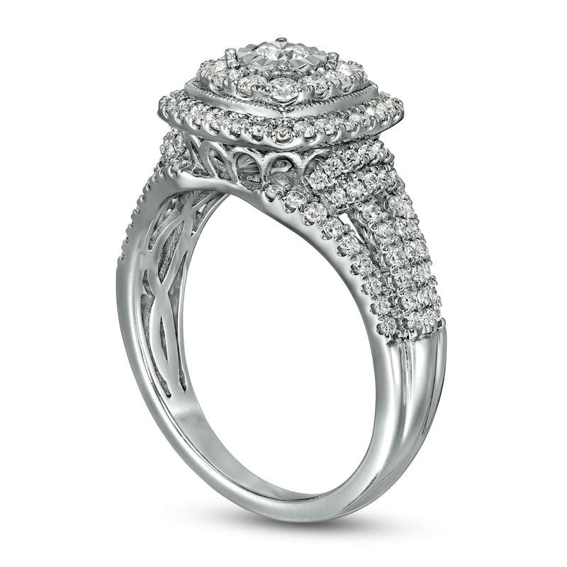 1.0 CT. T.W. Natural Diamond Double Cushion Frame Multi-Row Engagement Ring in Solid 10K White Gold