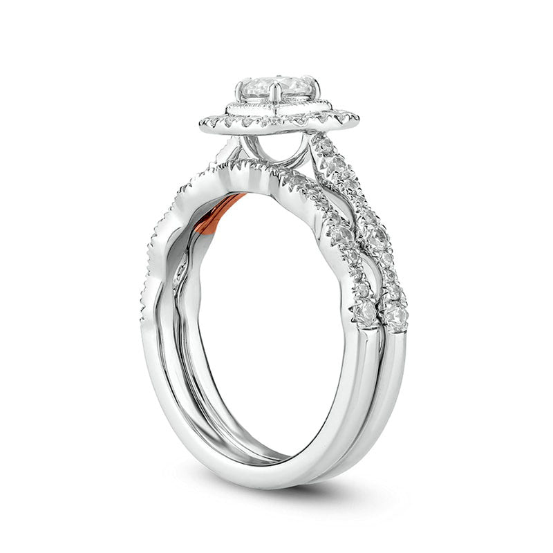 1.0 CT. T.W. Natural Diamond Cushion Frame Art Deco Antique Vintage-Style Bridal Engagement Ring Set in Solid 10K Two-Tone Gold