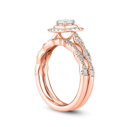 1.0 CT. T.W. Natural Diamond Cushion Frame Art Deco Antique Vintage-Style Bridal Engagement Ring Set in Solid 10K Rose Gold