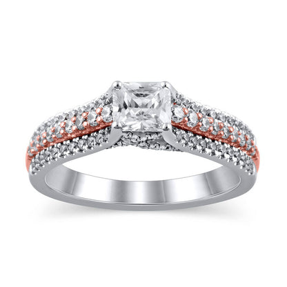 1.0 CT. T.W. Princess-Cut Natural Diamond Multi-Row Engagement Ring in Solid 14K Two-Tone Gold
