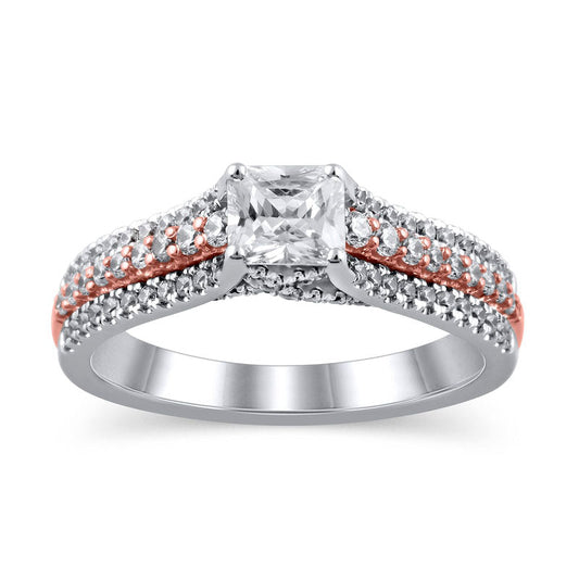 1.0 CT. T.W. Princess-Cut Natural Diamond Multi-Row Engagement Ring in Solid 14K Two-Tone Gold