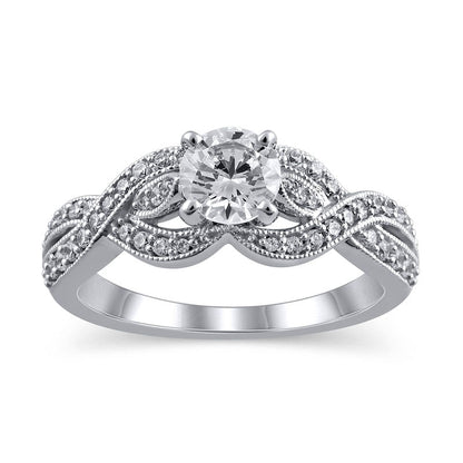 1.0 CT. T.W. Natural Diamond Twist Shank Antique Vintage-Style Engagement Ring in Solid 14K White Gold