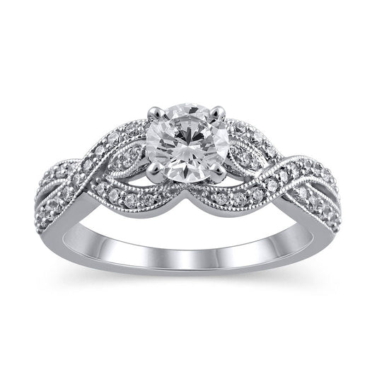 1.0 CT. T.W. Natural Diamond Twist Shank Antique Vintage-Style Engagement Ring in Solid 14K White Gold