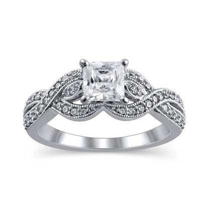 1.0 CT. T.W. Princess-Cut Natural Diamond Twist Shank Antique Vintage-Style Engagement Ring in Solid 14K White Gold