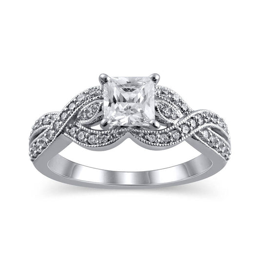 1.0 CT. T.W. Princess-Cut Natural Diamond Twist Shank Antique Vintage-Style Engagement Ring in Solid 14K White Gold