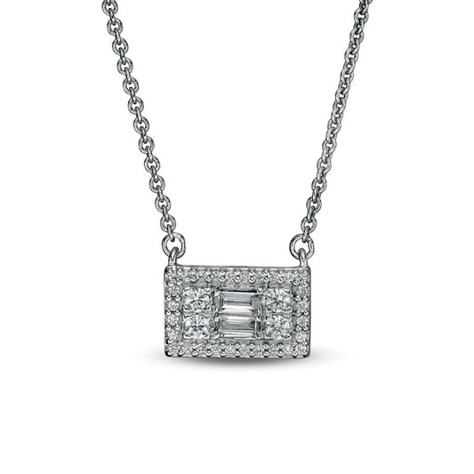 0.25 CT. T.W. Baguette and Round Natural Diamond Sideways Rectangle Necklace in 10K White Gold - 18.25