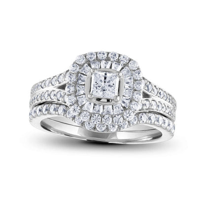 1.25 CT. T.W. Princess-Cut Natural Diamond Double Cushion Frame Bridal Engagement Ring Set in Solid 14K White Gold