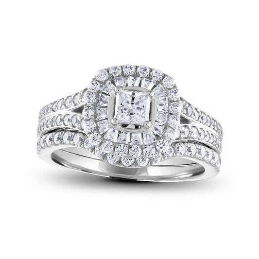 1.25 CT. T.W. Princess-Cut Natural Diamond Double Cushion Frame Bridal Engagement Ring Set in Solid 14K White Gold