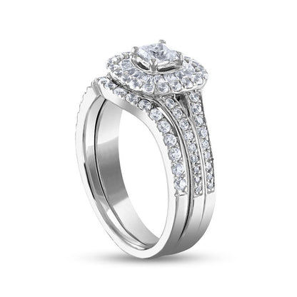 1.25 CT. T.W. Princess-Cut Natural Diamond Double Cushion Frame Bridal Engagement Ring Set in Solid 14K White Gold
