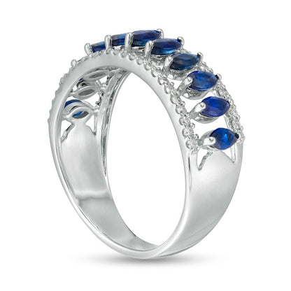 Marquise Blue Sapphire and White Topaz Border Triple Row Open Shank Ring in Solid 10K White Gold