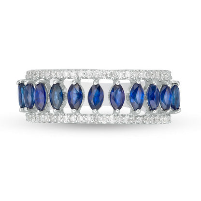 Marquise Blue Sapphire and White Topaz Border Triple Row Open Shank Ring in Solid 10K White Gold