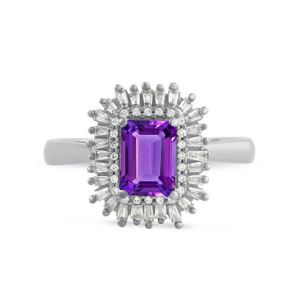 Emerald-Cut Amethyst and 0.25 CT. T.W. Baguette and Round Natural Diamond Double Frame Ring in Solid 10K White Gold