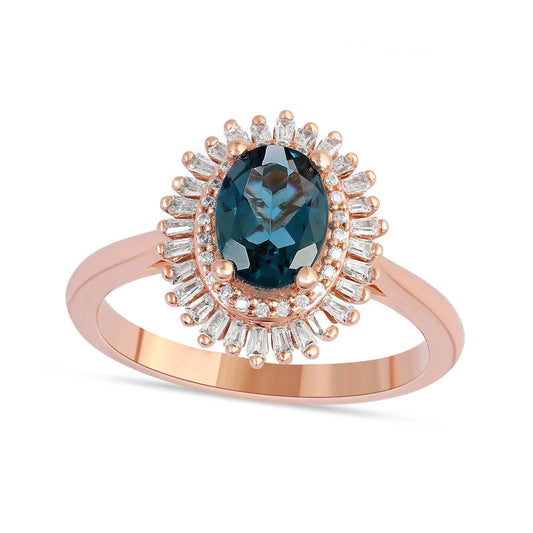 Oval London Blue Topaz and 0.25 CT. T.W. Baguette and Round Natural Diamond Double Frame Ring in Solid 10K Rose Gold